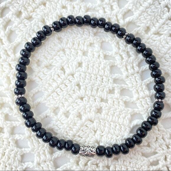 Floral Silver Black Beaded Stackable Bracelets Dainty - Picture 5 of 5